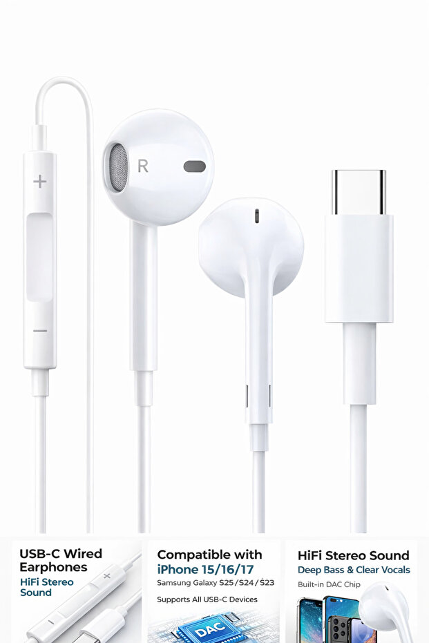 USB-C Wired Earphones with Mic, Volume Control & DAC Chip for iPhone 15/16/17, Samsung Galaxy