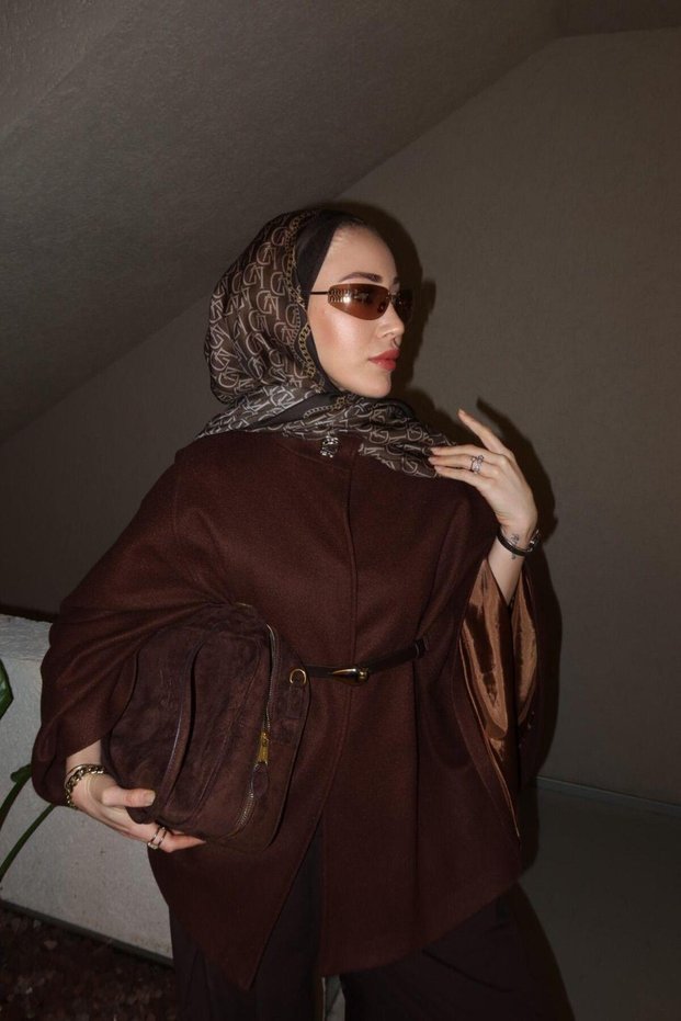 Coffee-Colored Poncho with Hidden Belt Detail