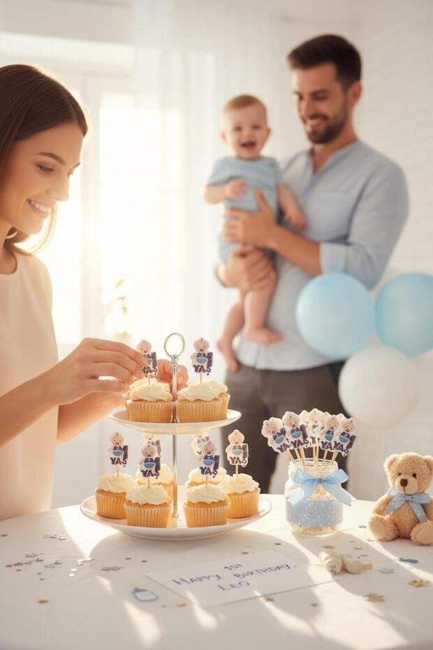 Baby 1 Year Old Themed Blue Toothpick Ornament 10 Pieces