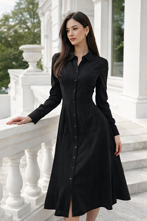 Women's Black Waist-Fitted Shirt Dress