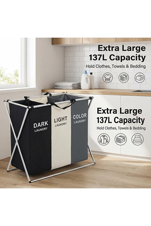 Laundry Basket Cloth Hamper Sorter Basket Foldable 3 Sections with Aluminum Frame