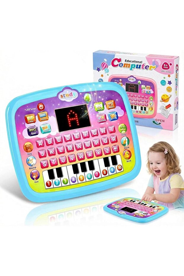 Kids Multifunction Early Educational Learning LED Tablet with Light and Music-Blue