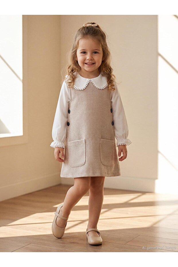 Civil Girl's Dress with Pompom Collar | Stamped Long Sleeve Printed | School Nursery and Daily Use - Beige