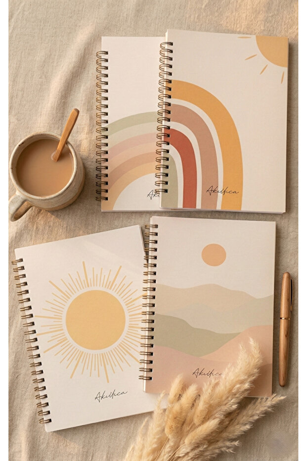 AKILLICA A5 Spiralli 4'lü Çizgisiz Okul Defter Seti 13,5 X 20 56 Yaprak Karton Kapak Notebook Sun Series