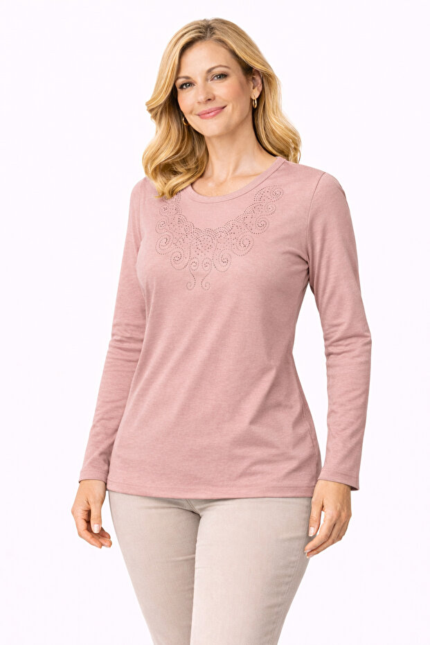 New Model Stone Embroidered Round Collar Lycra Mother's Combed Cotton Blouse 6420