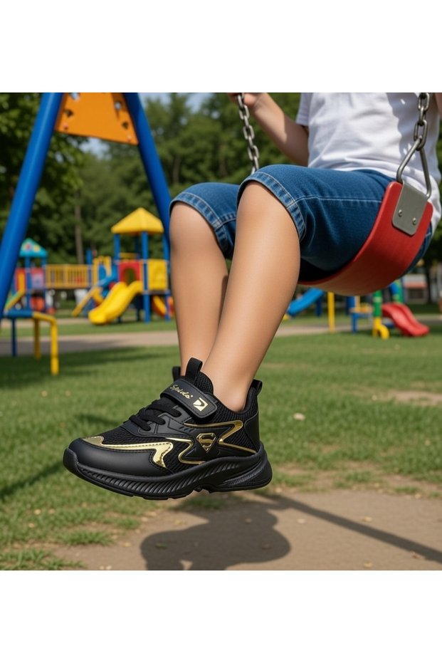Children's Lace-Up Black Silver Single Velcro Flexible Lightweight Breathable Unisex Mesh Sneaker Sports Shoes