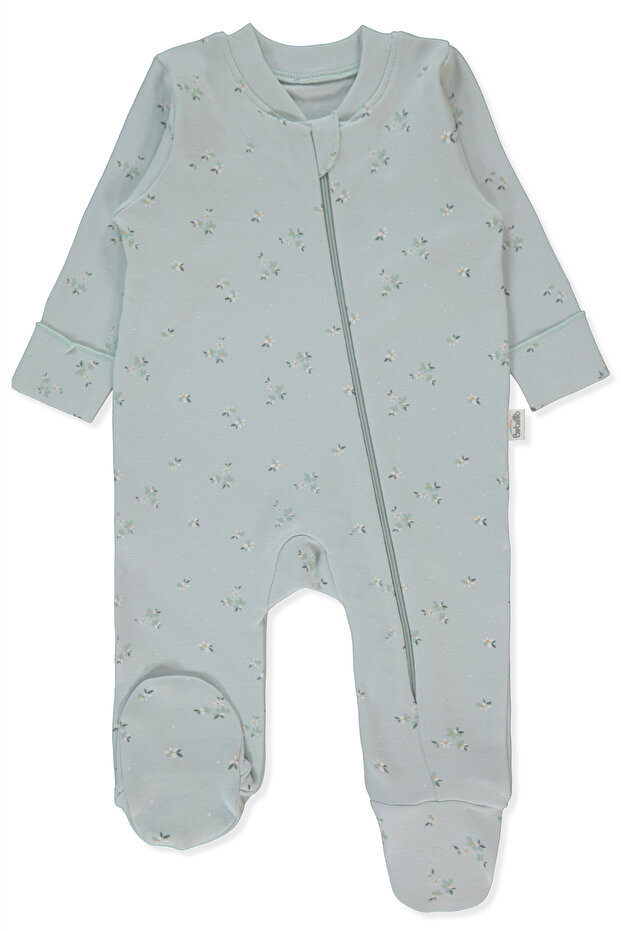 Interlock Zippered Jumpsuit with Booties (Flower Garden) Mint