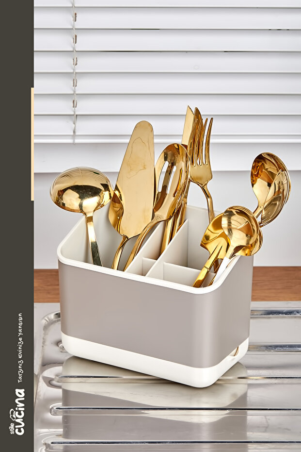 Practical Divided Countertop Spoon Fork Knife Drying Rack Beige