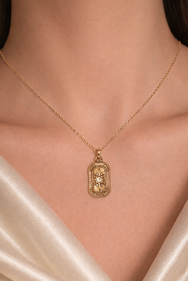 Çelik Gold Plaka Kolye - 1