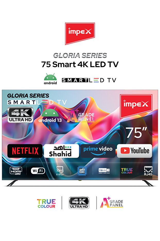 تلفزيون غلوريا 75 الذكي 75 بوصة، بدقة 4K فائقة الوضوح، يعمل بنظام أندرويد، بتقنية LED، بدون إطار، مزود بتقنية واي فاي، منفذ HDMI، منفذ USB، لون أسود