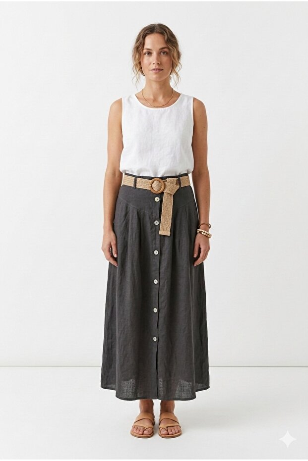 Anthracite Italian Wicker K Belt I D Button Accent I C Pocketed Long K Linen Skirt