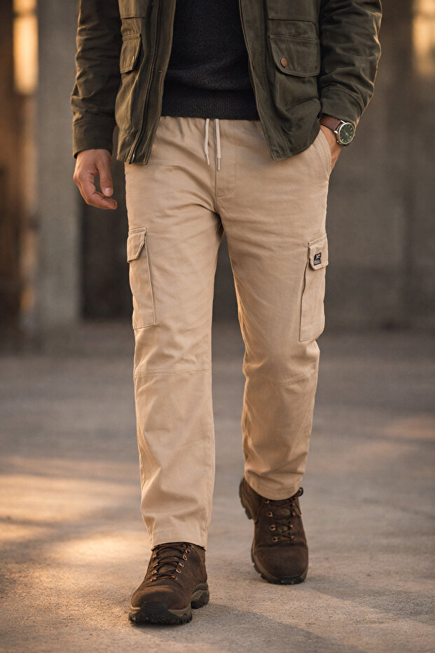 Men's Mink Cargo Pants Relaxed Fit Cotton Elastic Waist
