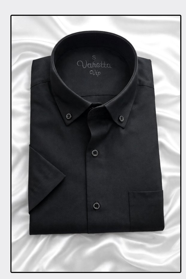 Men's Black Shirt Short Sleeve Classic Cut Collar Buttoned Cotton Satin