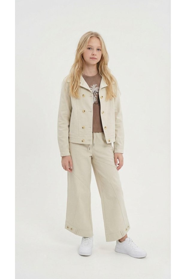 Cream Double Button Detail Shirt and Trousers Girls Gabardine Suit 23541