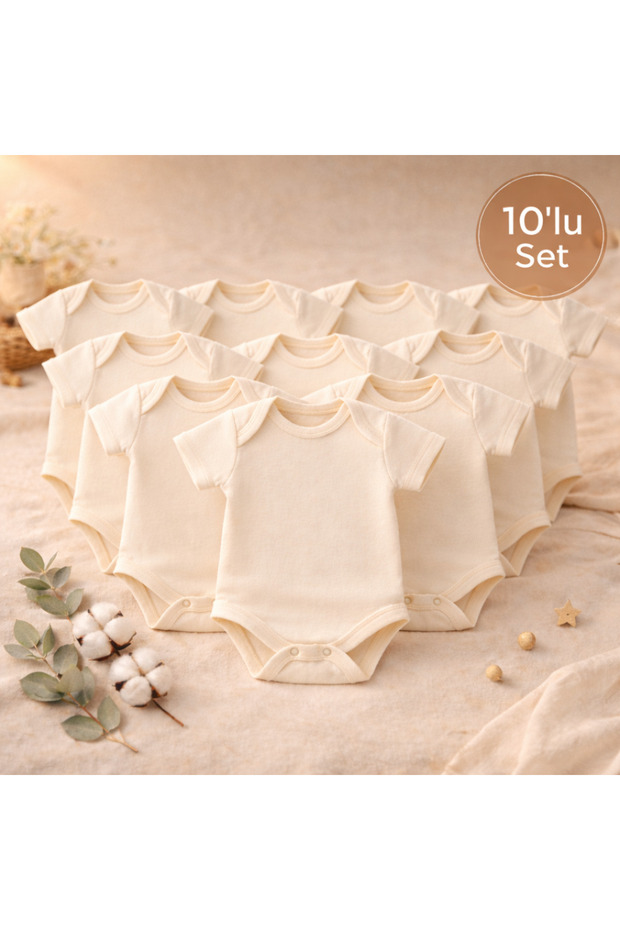 10-Piece Baby Bodysuit with Snap Fasteners Short Sleeve Ecru 100% Cotton