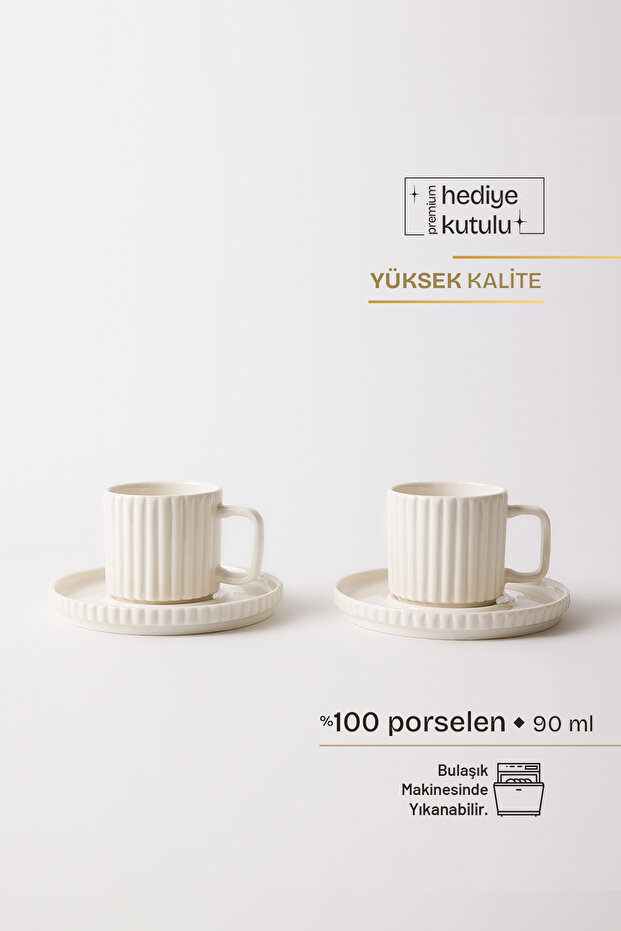 4-Piece 2-Person Porcelain Coffee Cup Set with Relief and Serrated Edge, 90 ml