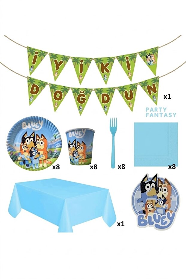Bluey 8-Piece Birthday Set Bluey Plate Cup Fork Napkin Happy Birthday Banner Tablecloth Set