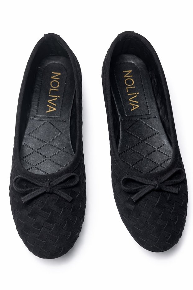 Women's Black Suede Textured Knitted Patterned Bowknot Ballerinas