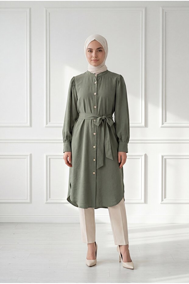 Datga Tie-Detail Slit Modal Tunic-Zş1000 Khaki