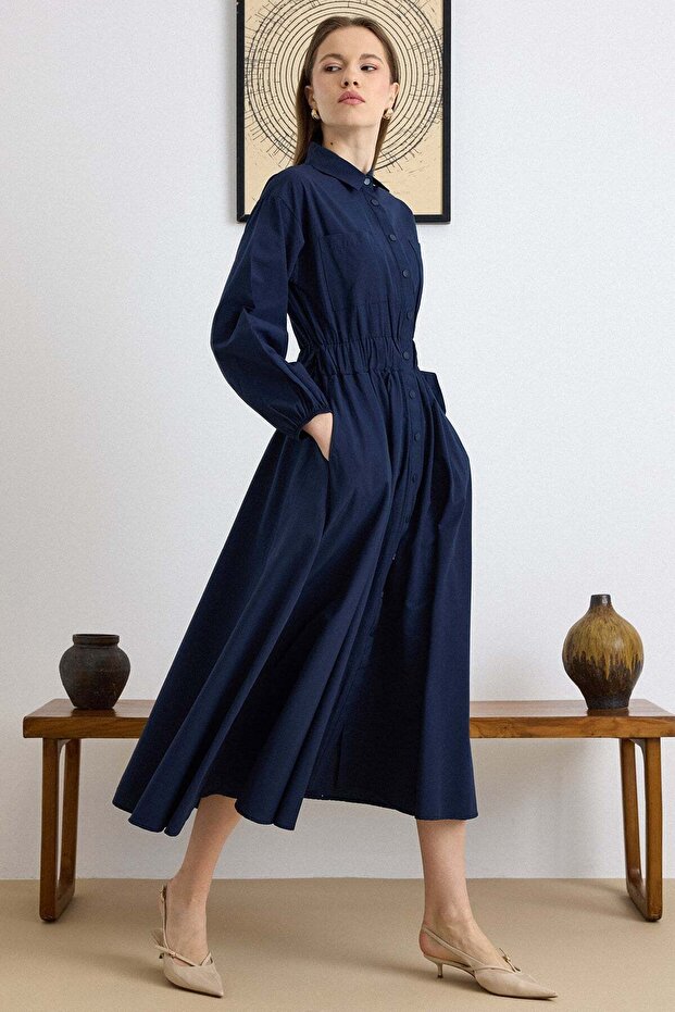 Poplin Dress with Chest Pockets and Elastic Waist Navy Blue 9286-E