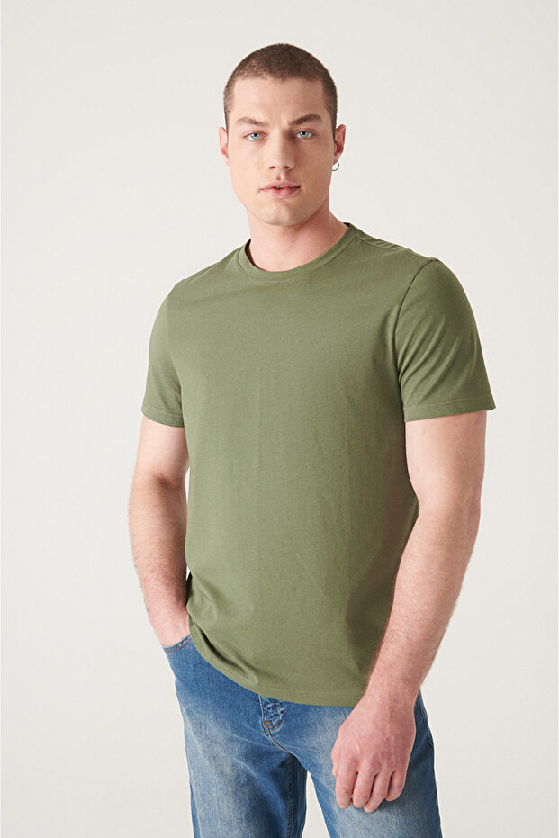 Erkek Haki Basic Pamuklu T-shirt E001000 - 5