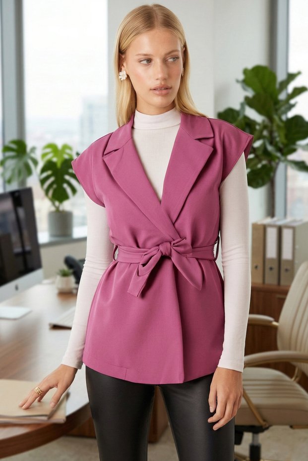 Women's Dusty Rose Men's Collar Belted Linen Look Vest Arm-25Y001079