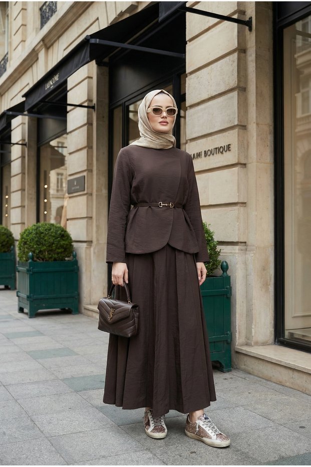 Kupra Fabric Belted Jacket Skirt Three-Piece Set – Bitter Brown