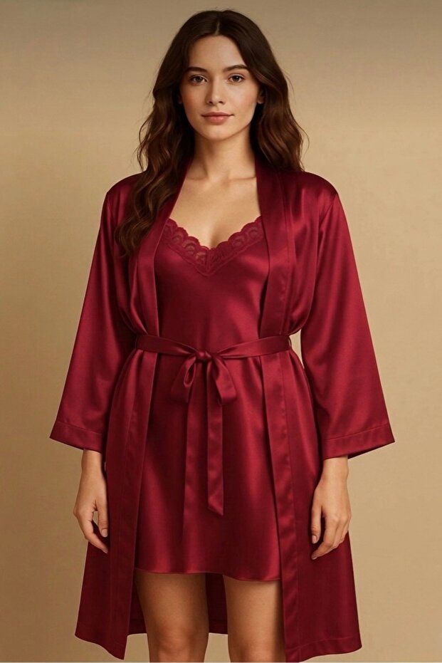 Women's Premium Satin Lace Detailed Nightgown & Long Dressing Gown Set