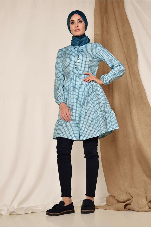 Square Patterned Neck Lace Balloon Sleeve Tunic 4982