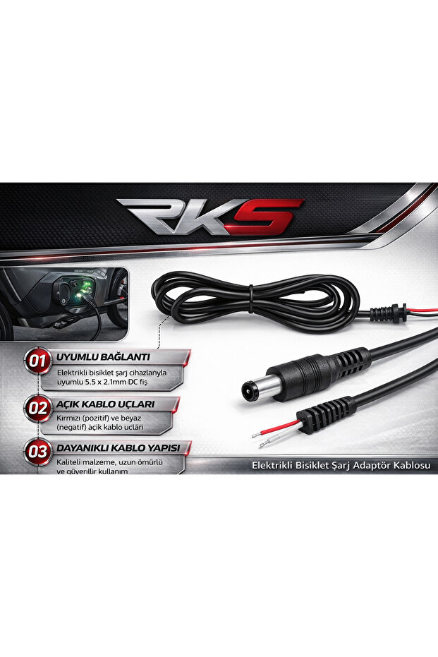 TİNES RKS Uyumlu E-Bike Şarj Adaptör Kablosu Ucu 5.5x2.1mm DC – Elektrikli Bisiklet Şarj Kablosu