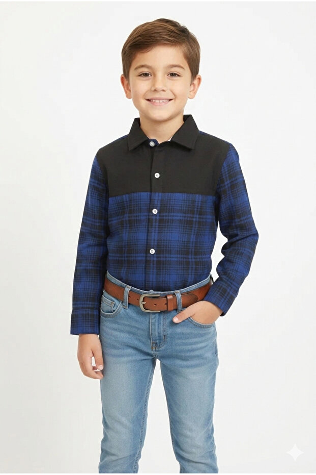 Boys' Blue Plaid Flannel Shirt - Long Sleeve Cotton Button-Down (3-14Years)
