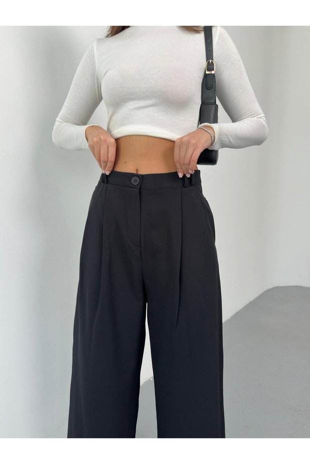 New Season Double Pleated Double Bridged Buttoned Bol Pa Wide-Leg Leg Woven Woven Palazzo Pants