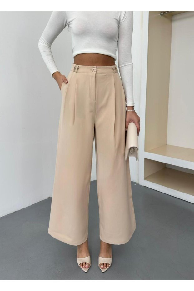 New Season Double Pleated Double Bridged Buttoned Bol Pa Wide-Leg Leg Woven Woven Palazzo Pants
