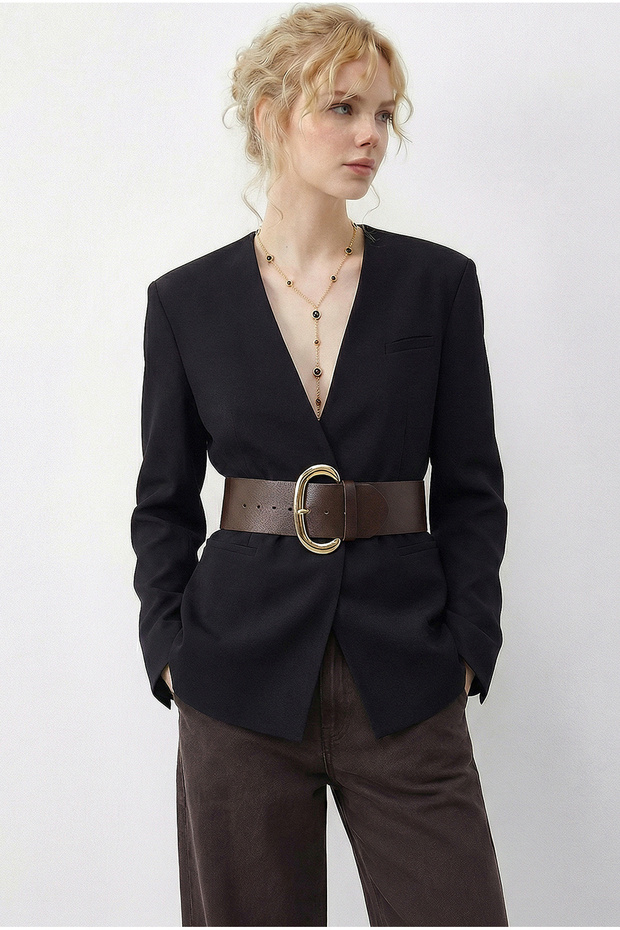 Women's Black Wide Belted Double Breasted Collar Lined Jacket 4169 60283989