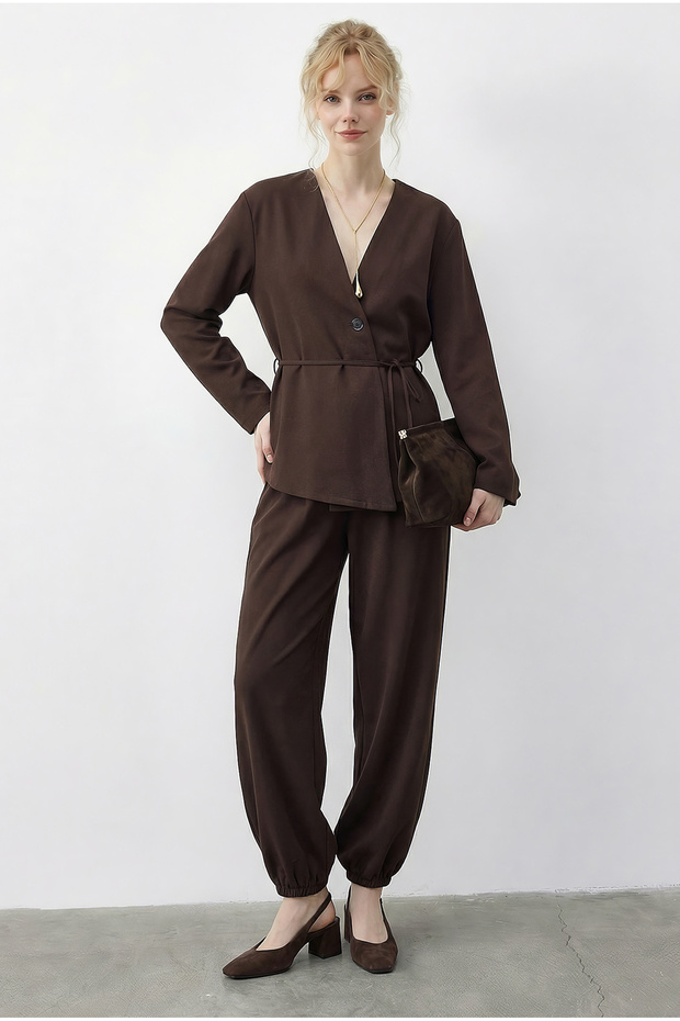 Brown Tie-Up Double-Breasted Jacket and Comfortable Trousers with Elastic Cuffs - Top and Bottom Set 60610 60283990