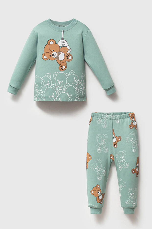 100% Cotton Piece Baby & Kids Pajama Set S. Teddy Bear Green