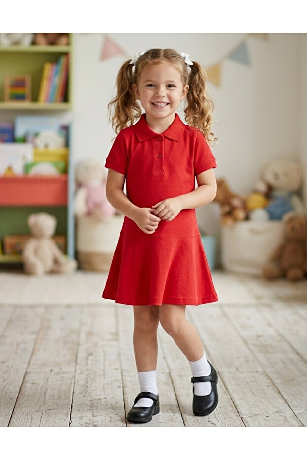 Polo Yaka Kız Çocuk Örme Elbise - 1
