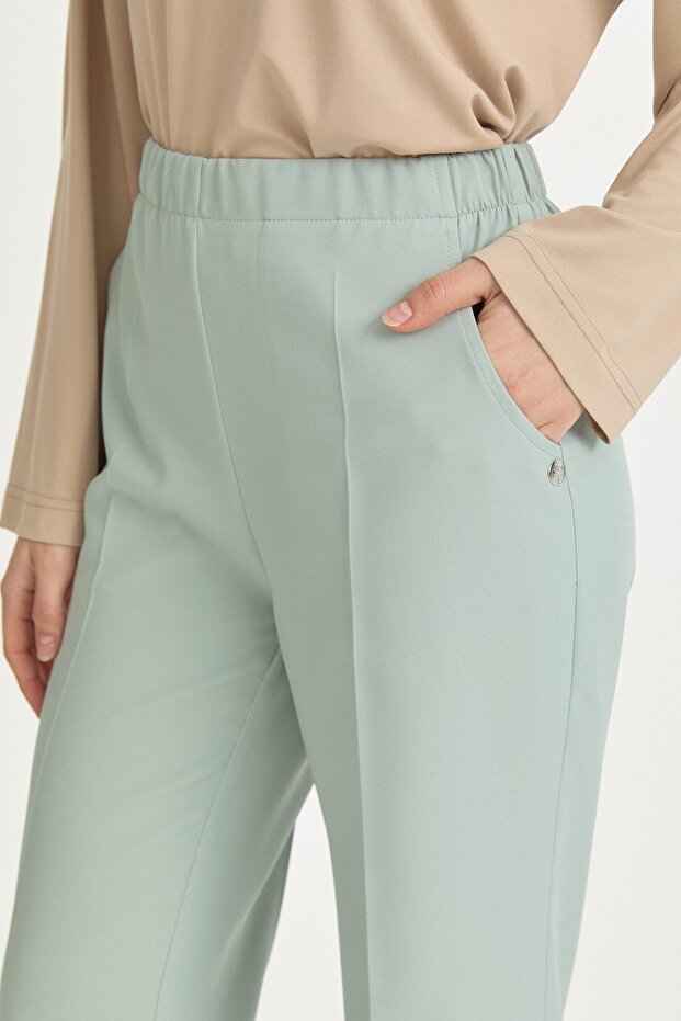 Elastic Waist Basic Ironed Trousers Aqua - 3