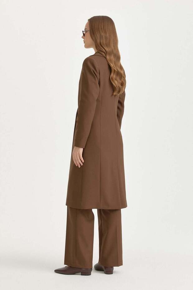 Double-Breasted Closed Long Blazer Poly. Viscose Basic Jacket Brown - 4