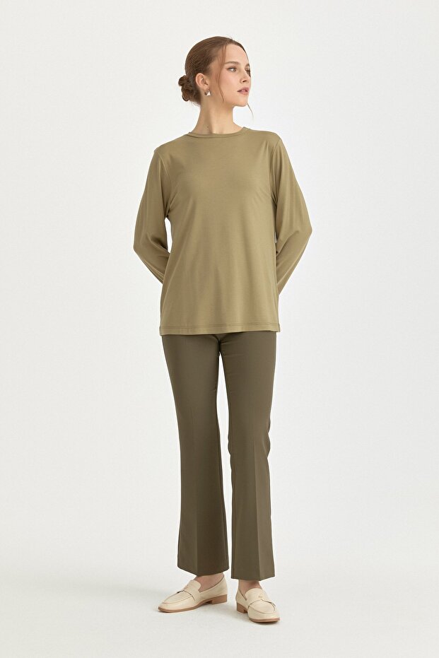 Büyük Beden Basic Örme Rayon Bluz Haki - 1