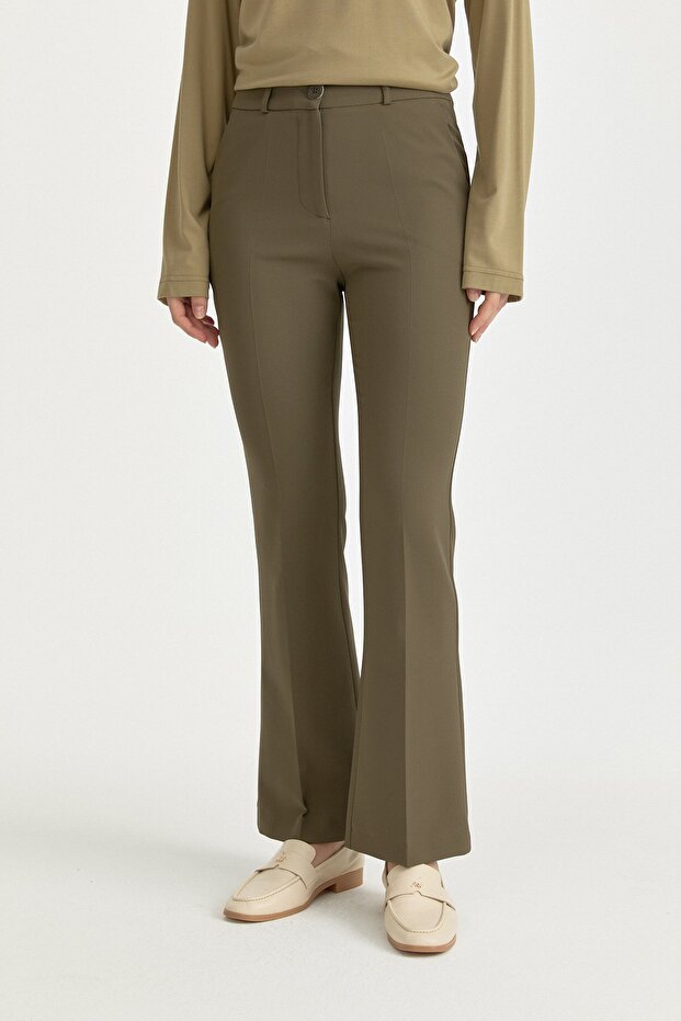 Ütü İzli İspanyol Paça Basic Pantolon Haki - 2