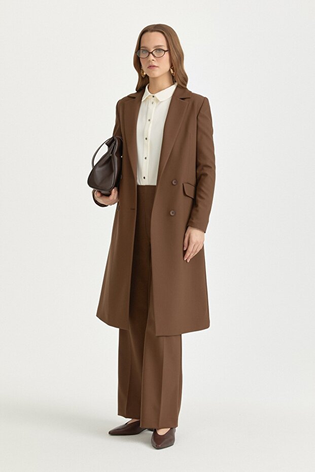 Double-Breasted Closed Long Blazer Poly. Viscose Basic Jacket Brown - 1