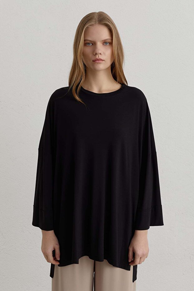 Yanları Yırtmaçlı Oversize Örme Bluz Siyah - 1