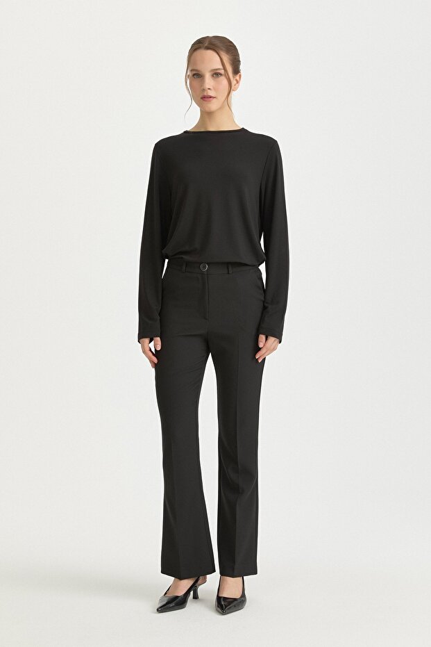 Ütü İzli İspanyol Paça Basic Pantolon Siyah - 1