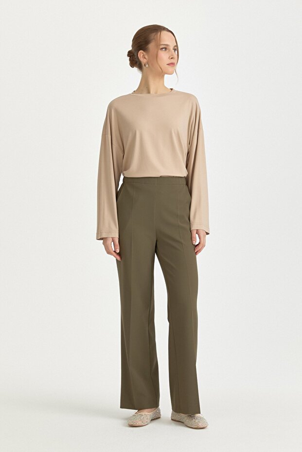Elastic Waist Basic Ironed Trousers Khaki