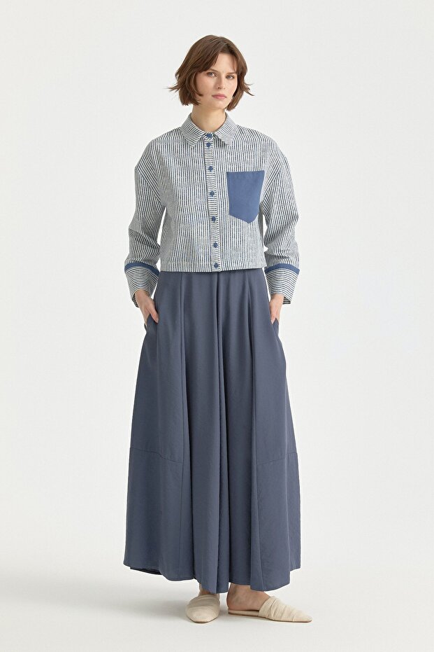 Parçalı Modal Basic Kloş Etek İndigo - 1