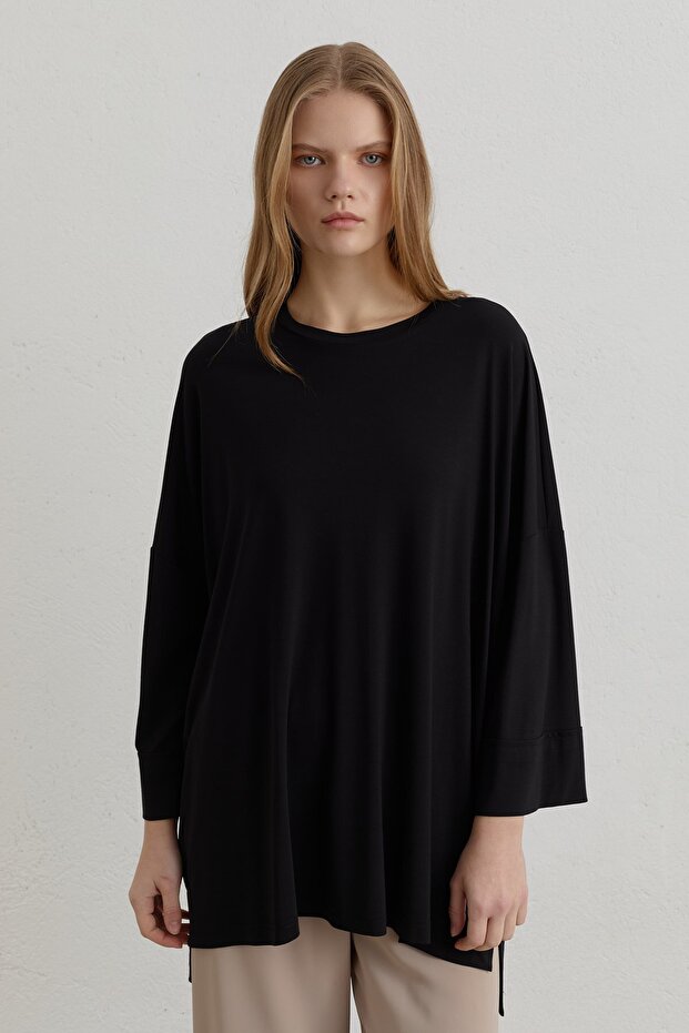 Yanları Yırtmaçlı Oversize Örme Bluz Siyah - 2