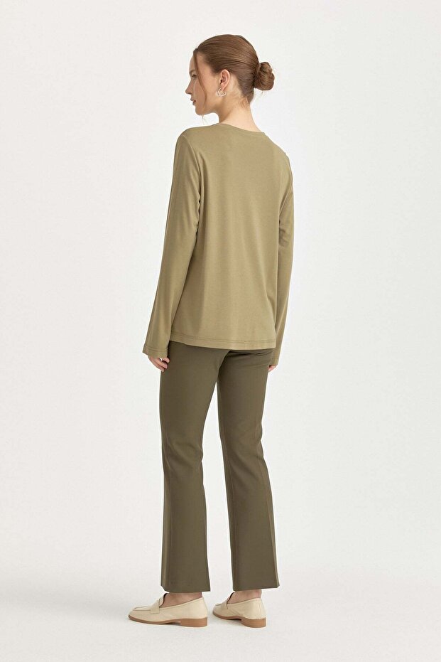 Büyük Beden Basic Örme Rayon Bluz Haki - 4