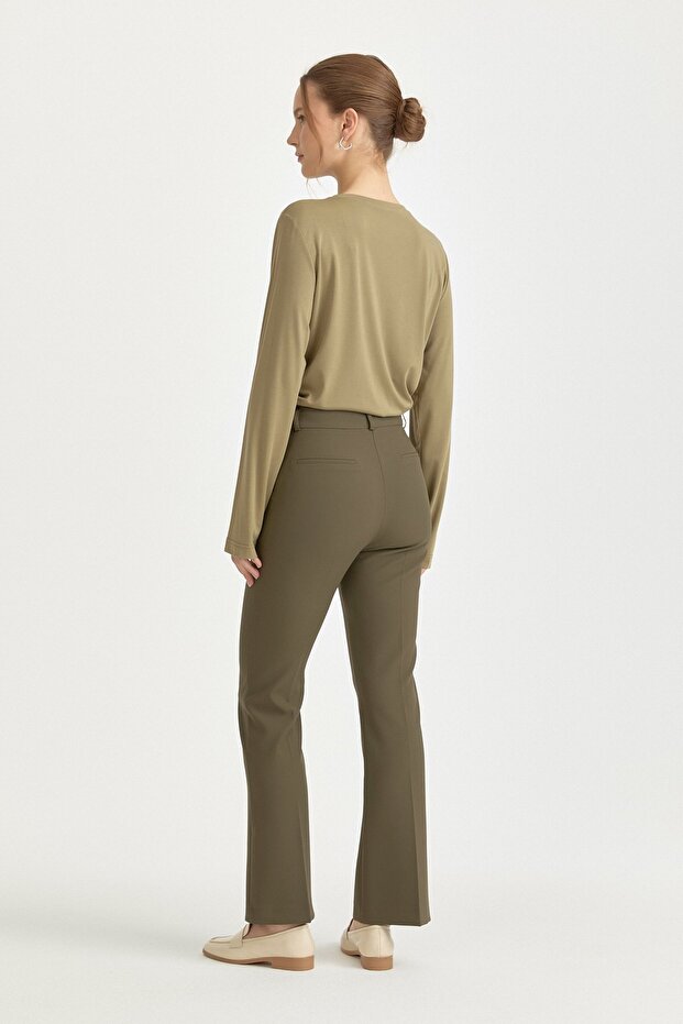 Ütü İzli İspanyol Paça Basic Pantolon Haki - 4