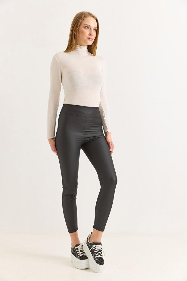 Women's High Waist Matte Leather Plain Black Tights